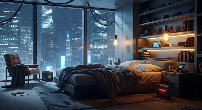 Cozy modern bedroom interior with stunning nighttime cityscape view, rainy atmosphere, warm lighting. - Powered by Adobe