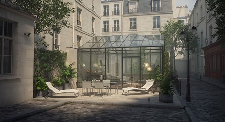 Fototapeta premium Exterior of a modern house located in a historic Parisian street, featuring a glass façade with a chic outdoor dining area. Elegant and Timeless Style