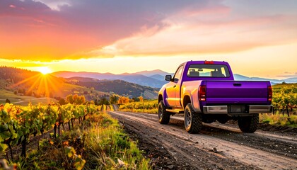 Purple pickup truck on dirt road at sunset, vineyards