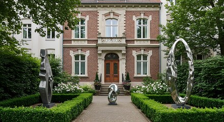 Obraz premium Exterior of a elegant house located in the heart of Berlin, featuring charming brickwork with modern abstract sculptures.