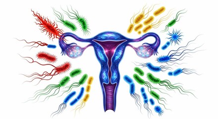 Vibrant uterus illustration surrounded by diverse colorful bacteria and microorganisms medical science concept