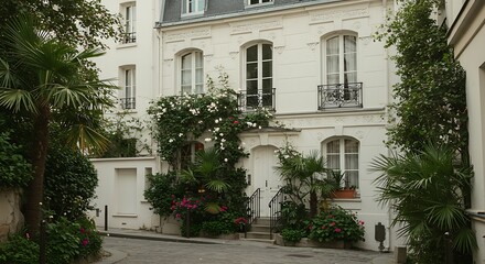 Fototapeta premium Stylish Exterior of a classic house located in a historic Parisian street, featuring whitewashed exteriors with tropical landscaping. Perfect for Dream Living