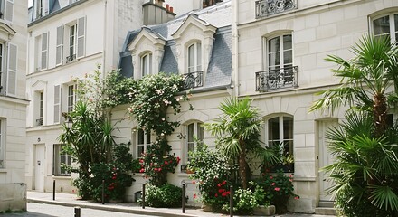 Fototapeta premium Exterior of a classic house located in a historic Parisian street, featuring whitewashed exteriors with tropical landscaping. Premium Home Exterior Inspiration
