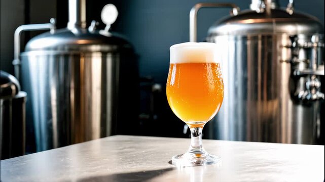 Fresh hazy IPA beer in glass on stainless steel counter with brewery equipment in background. Hazy IPA beer features a golden color with foamy head, perfect for craft beer enthusiasts.