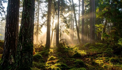 Obraz premium Sunbeams piercing a misty forest (1)