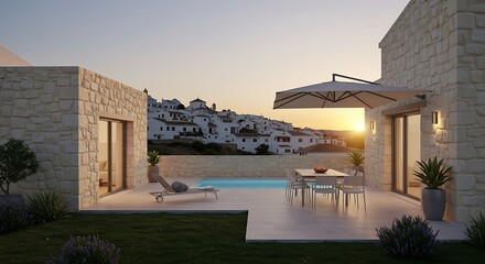 Fototapeta premium Exterior of a contemporary house located in a picturesque Spanish village, featuring sleek stone finishes with a chic outdoor dining area.