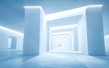 Modern minimalist interior space with long corridor and bright lighting