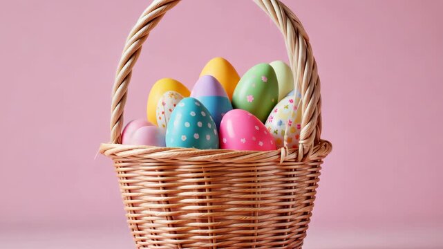 Colorful easter eggs in basket against pink background  festive spring decoration concept