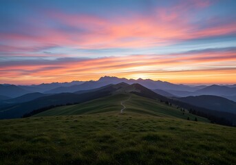 Fototapeta premium Majestic Mountain Sunset Vibrant Sky, Green Ridge, Scenic Landscape, Nature Photography.