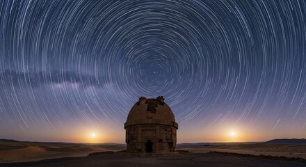 Star Trails Over Ancient Tomb with Desert Landscape and Celestial Display