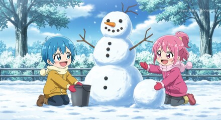 Two cheerful anime kids, a boy and a girl, joyfully building a snowman together in a winter wonderland scene