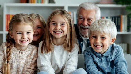 Joyful moments with grandchildren and their grandfather in a cozy living room setting - Powered by Adobe