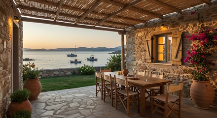 Fototapeta premium Exterior of a rustic house located in a Greek island villa, featuring natural wood paneling with a chic outdoor dining area.