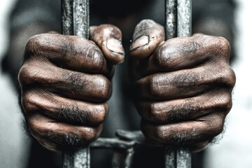 Powerful image of a person's hands tightly grasping cold, unforgiving jail bars.