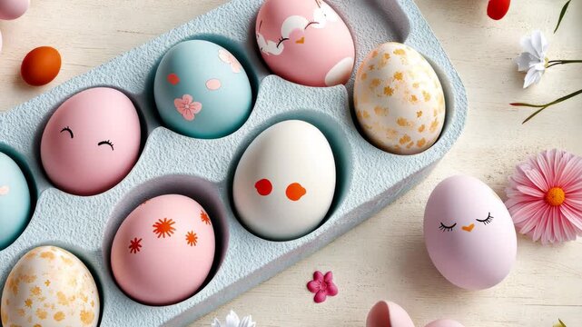 Colorful eggs in carton with smiley faces amidst vibrant flowers and natural decor