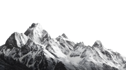 snow-covered mountain peaks captured in monochrome isolated on white background