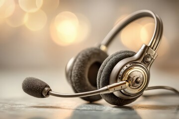 Close-up of a professional communication headset with microphone, soft bokeh.