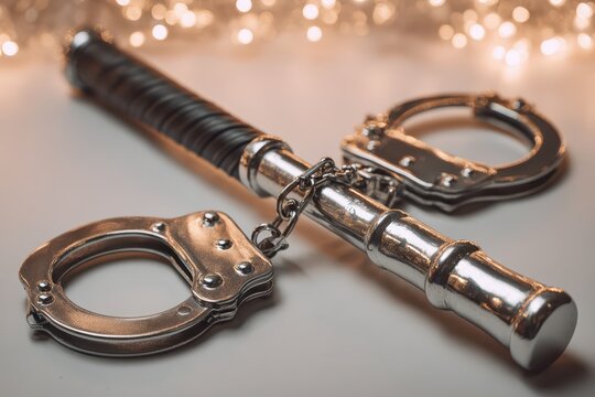 Reflective silver handcuffs and a police baton with a warm bokeh background.