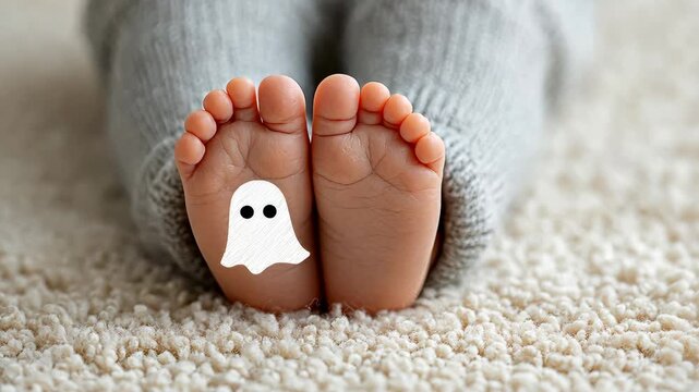 Cute baby feet playing with ghost sock puppet on cozy carpet