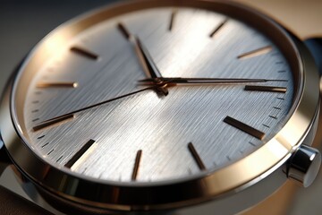 Elegant classic wristwatch close-up, brushed silver dial, golden case, luxury.