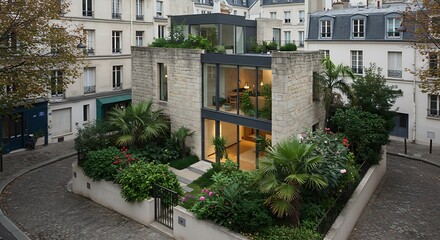 Fototapeta premium Exterior of a contemporary house located in a historic Parisian street, featuring sleek stone finishes with tropical landscaping. Elegant and Timeless Style