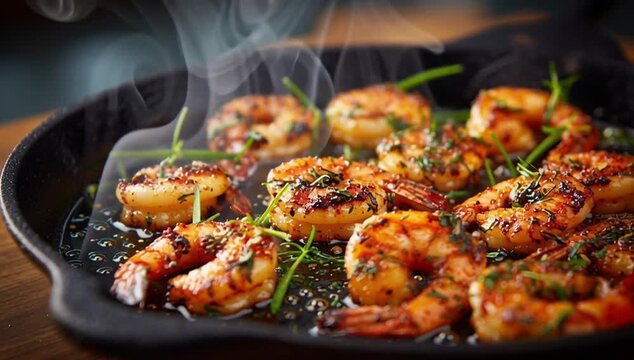Sizzling garlic butter prawns cooking in a cast iron skillet, releasing aromatic steam and creating a mouthwatering seafood dish, perfect for any meal or special occasion