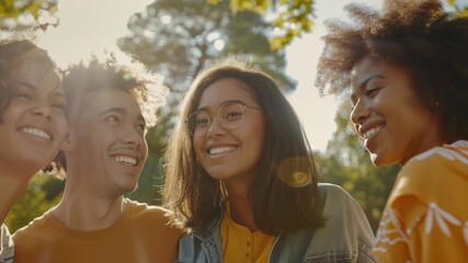 Friends smiling brightly in sunlight; joyful group of diverse individuals enjoying outdoor daytime activity.