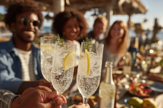 Friends toasting with refreshing cocktails at a lively outdoor beachside bar during golden hour.