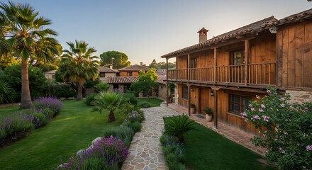 Fototapeta premium Exterior of a rustic house located in a picturesque Spanish village, featuring natural wood paneling with tropical landscaping.