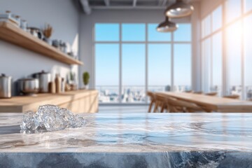 Ice cubes on a modern marble kitchen counter with a bright city view backdrop.