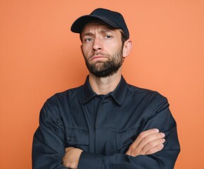 A man in dark blue coveralls, arms crossed, presents a serious, neutral expression against an orange background.