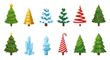 Collection of various stylized Christmas tree designs, showcasing different decorations and shapes.
