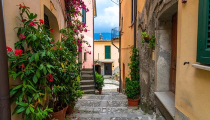 Naklejka premium Italian village alleyway with vibrant flowers