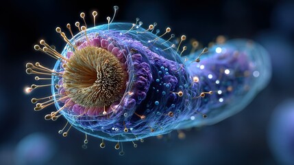 Fototapeta premium Microscopic virus cell with spikes and layers against a dark background.