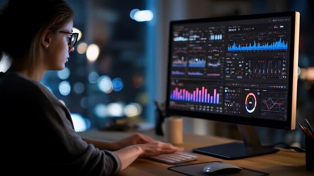 Professional analyzing data on computer screen at night with charts and graphs in a dimly lit modern workspace