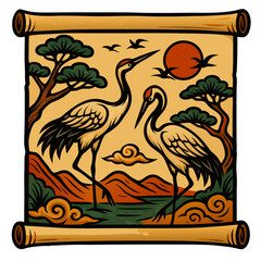 Chinese painting with cranes icon. Traditional painting of two cranes on scroll with landscape background izolated  