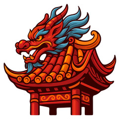 Chinese temple roof icon. Dragon head illustration on traditional Asian architecture rooftop izolated  