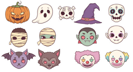 A collection of various cartoon Halloween characters, featuring pumpkins, ghosts, and skulls.