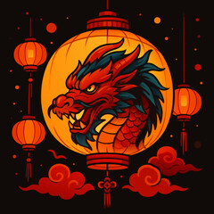 Chinese lantern festival display icon. Illustration of a dragon head inside a decorative lantern izolated izolated 