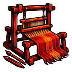 Chinese loom with woven fabric icon. Traditional wooden loom with colorful threads in vibrant style izolated   