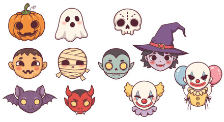 Fototapeta premium A collection of cartoon Halloween icons including a pumpkin, ghost, skull, witch, mummy, vampire, devil, bat and two clowns.