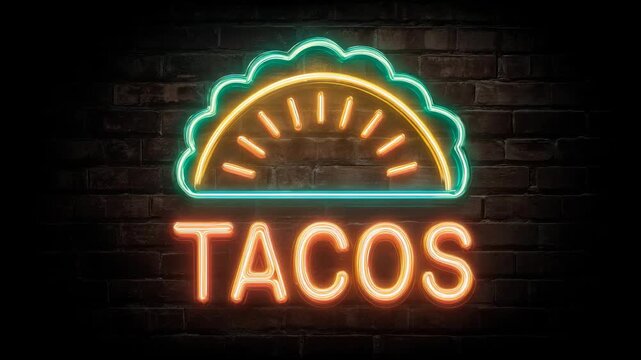 Bright neon taco sign illuminates a cozy eatery at night