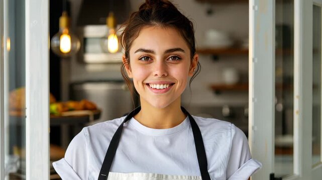 Friendly Cafe Employee: A portrait of a welcoming woman, radiant with a genuine smile, standing in the open doorway of a cozy cafe, reflecting warmth and inviting hospitality.
