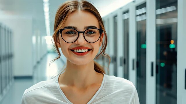 Optimistic Data Professional: A portrait of a radiant woman in glasses, exudes confidence and a captivating smile while standing in a server room, ready to solve tech challenges. 