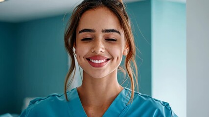 Smiling Medical Professional: A radiant medical professional, her eyes gently closed, emanates a sense of serene peace while using earbuds, hinting at modern connectivity in a healthcare setting. - Powered by Adobe