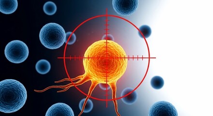 Targeted cell in crosshairs symbolizes scientific research and medical breakthrough against disease
