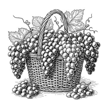 Basket filled with grapes &ndash; detailed hand-drawn black and white vintage sketch. Perfect for wine labels, farmers markets, organic produce, or autumn harvest themes. Vector engraving illu.stration