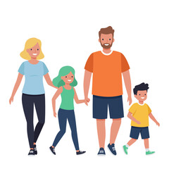 Fototapeta premium Happy family enjoying a leisurely stroll together, father, mother, daughter and son spending quality time walking and smiling with a vector design style