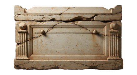 An ancient, cracked stone sarcophagus with decorative carvings, isolated on transparent background