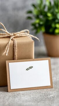Simple gift box and greeting card with green plant in background  nature inspired celebration